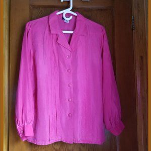 Silk, vintage 80s, open neck blouse, M, S, 10, front pleats, rose pink, The Bay